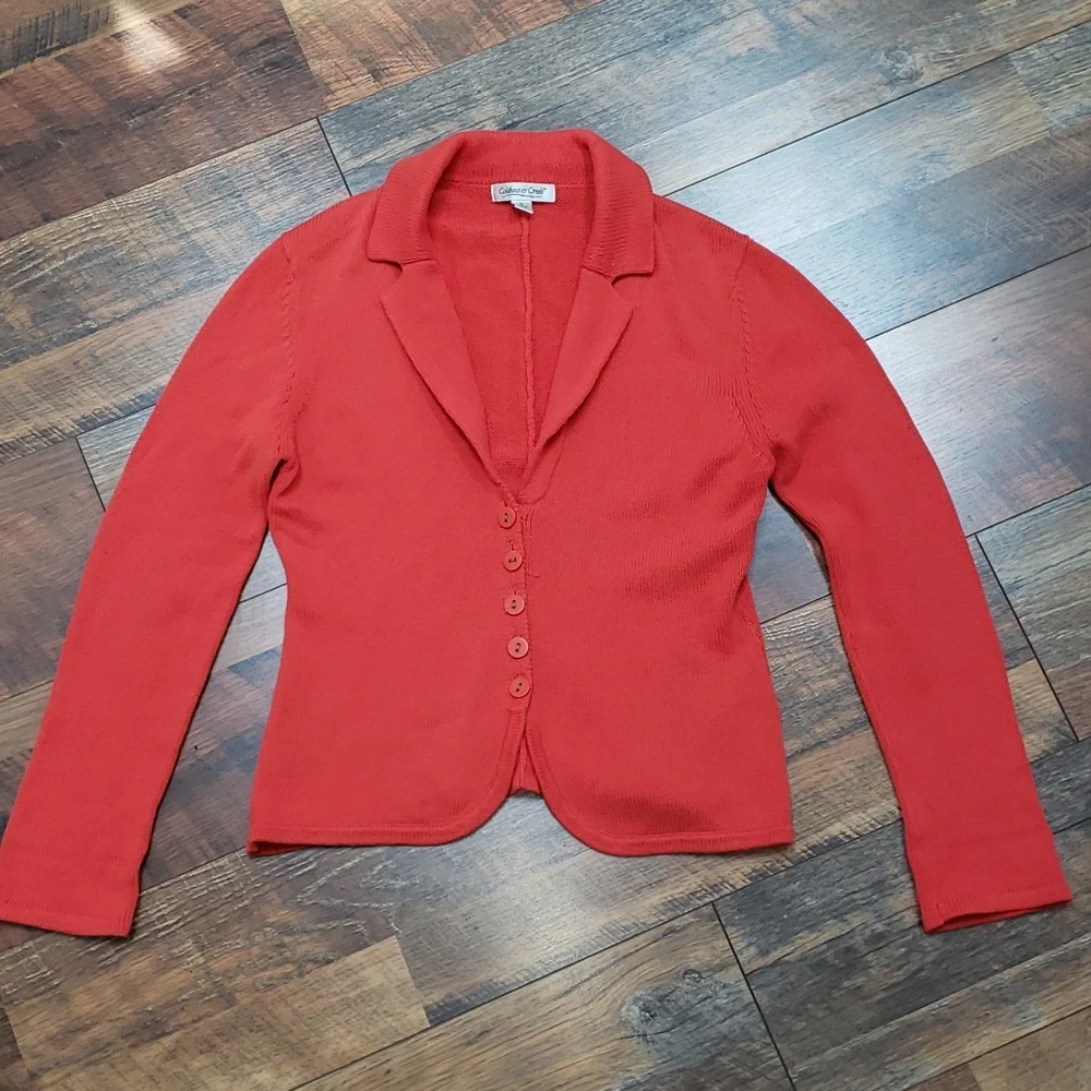 Coldwater Creek Orange Knit Collared V-neck Cardigan, Size Small